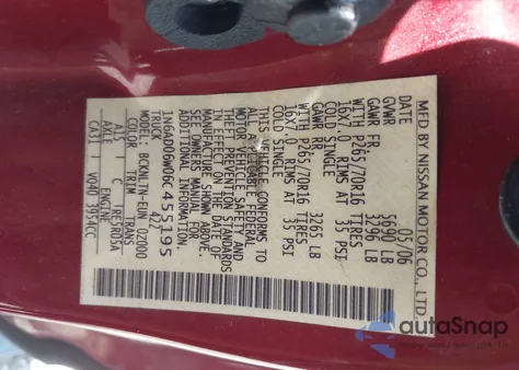 2006 Nissan Frontier Se z USA, uszkodzony, nr VIN 1N6AD06W06C455195